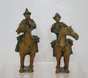 Pair of Chinese Pottery Equestrian Figures / Noblemen on Horseback