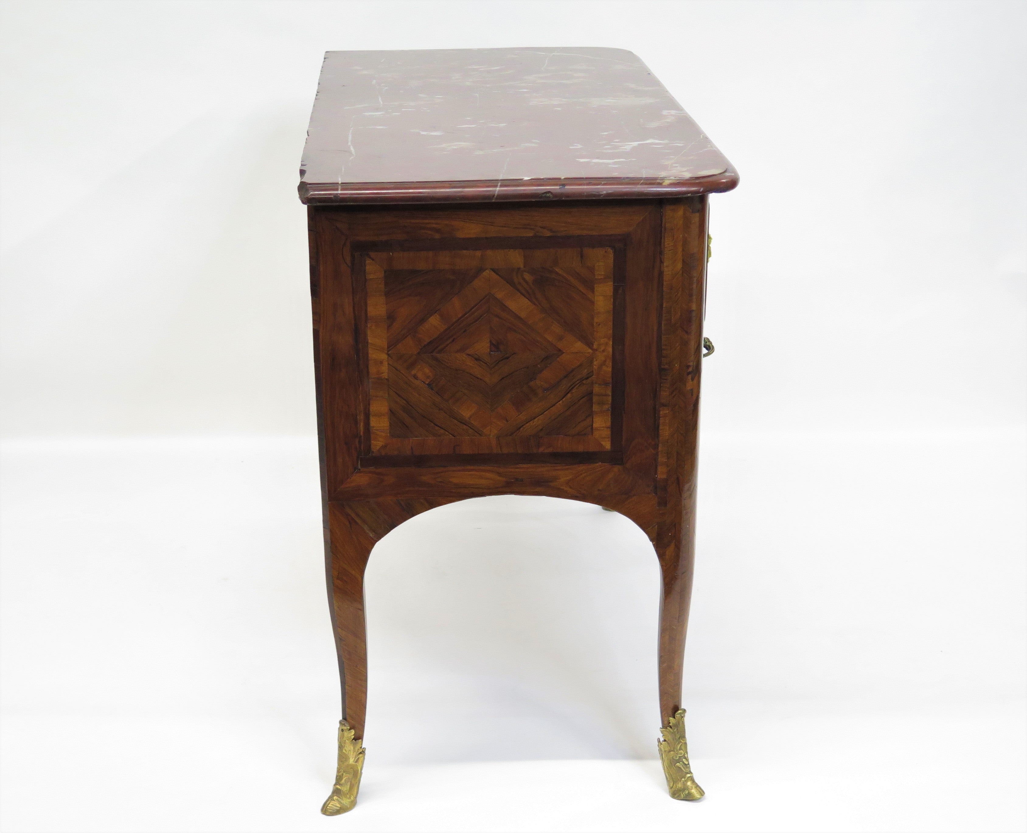 Louis XV 2-Drawer Commode with Marquetry Decoration Reddish Marble Top Having Grey and Tan Veining