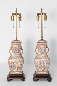 A Pair of Early 19th Century Chinese Export Rose Mandarin Porcelain Jars as Lamps