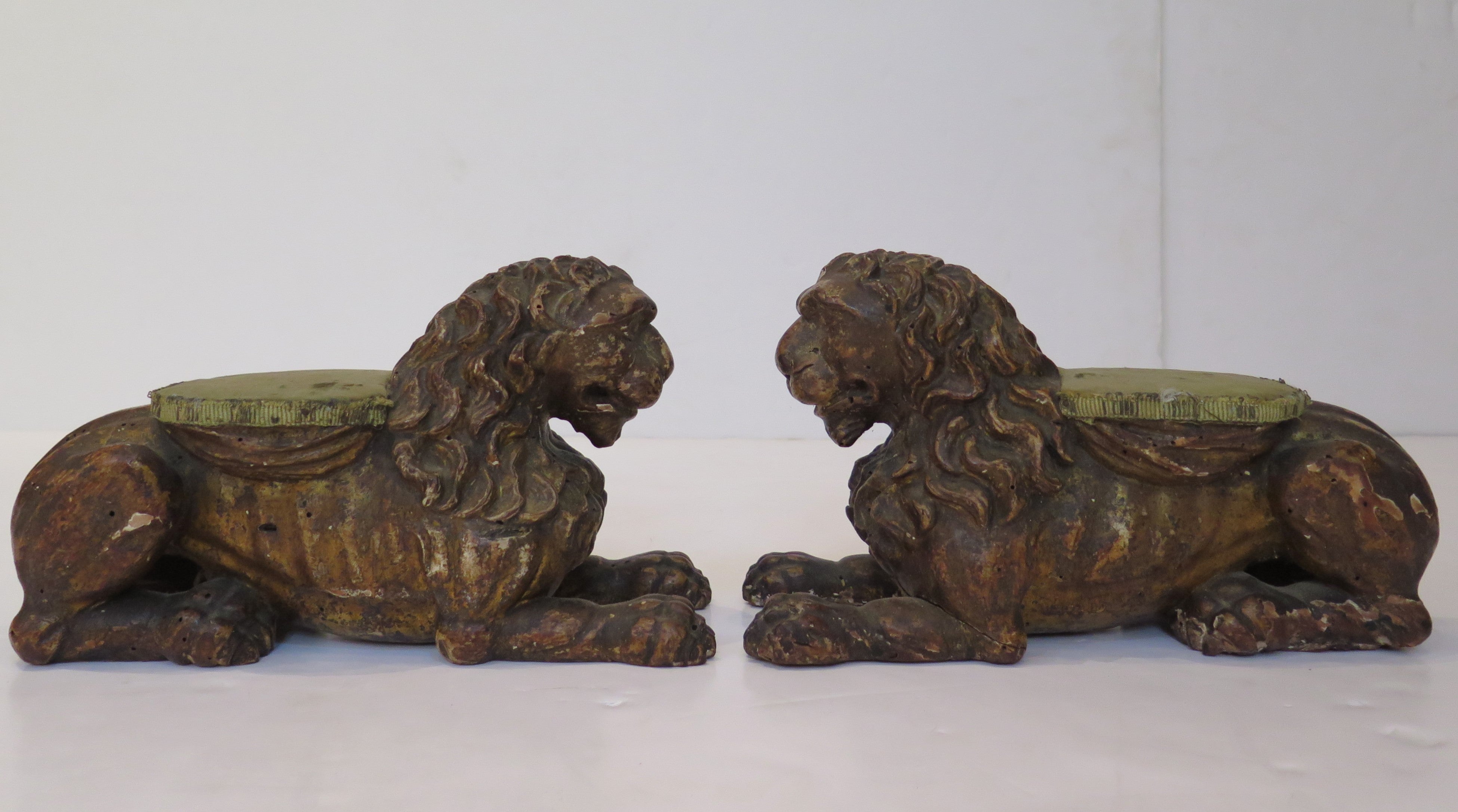 A Pair Of French Carved Giltwood Reclining Lion Sculptures, Florentine, With Padded Rests On Backs.