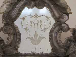 Venetian Etched Glass Mirror with Mouth-Blown Glass Flowers and Leaves
