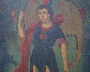 Archangel Saint Raphael Oil on Tin Retablo. 19th Century