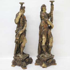 Pair of Large Scale Italian Figural Candlesticks, Polychromed and Gilded