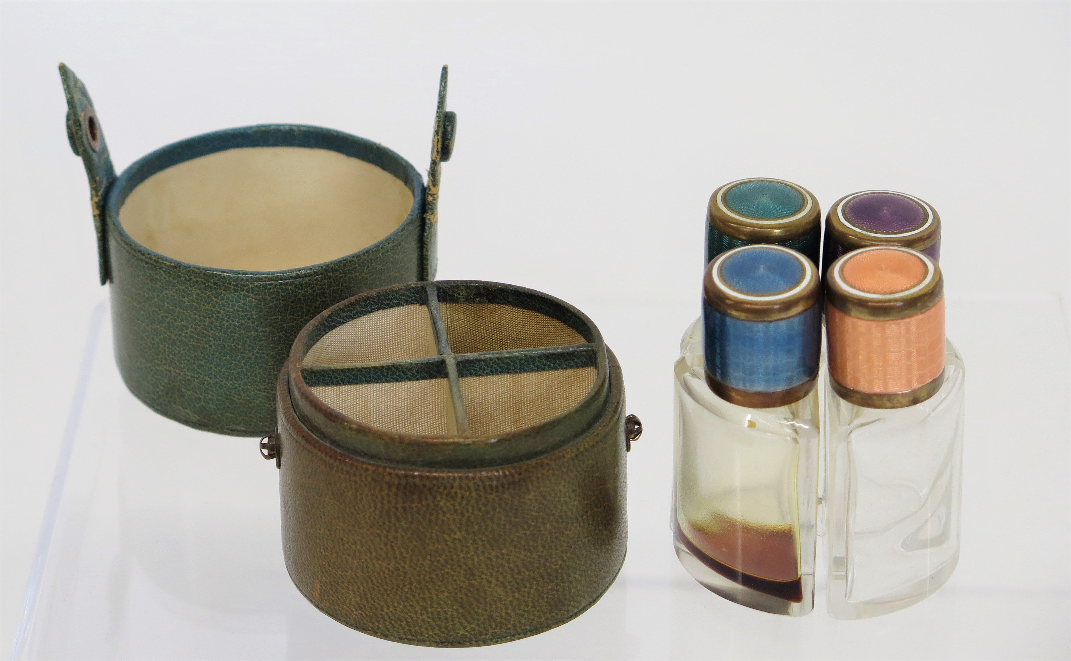 Scent Bottles with Guilloche Enamel Lids in Shagreen Travel Case