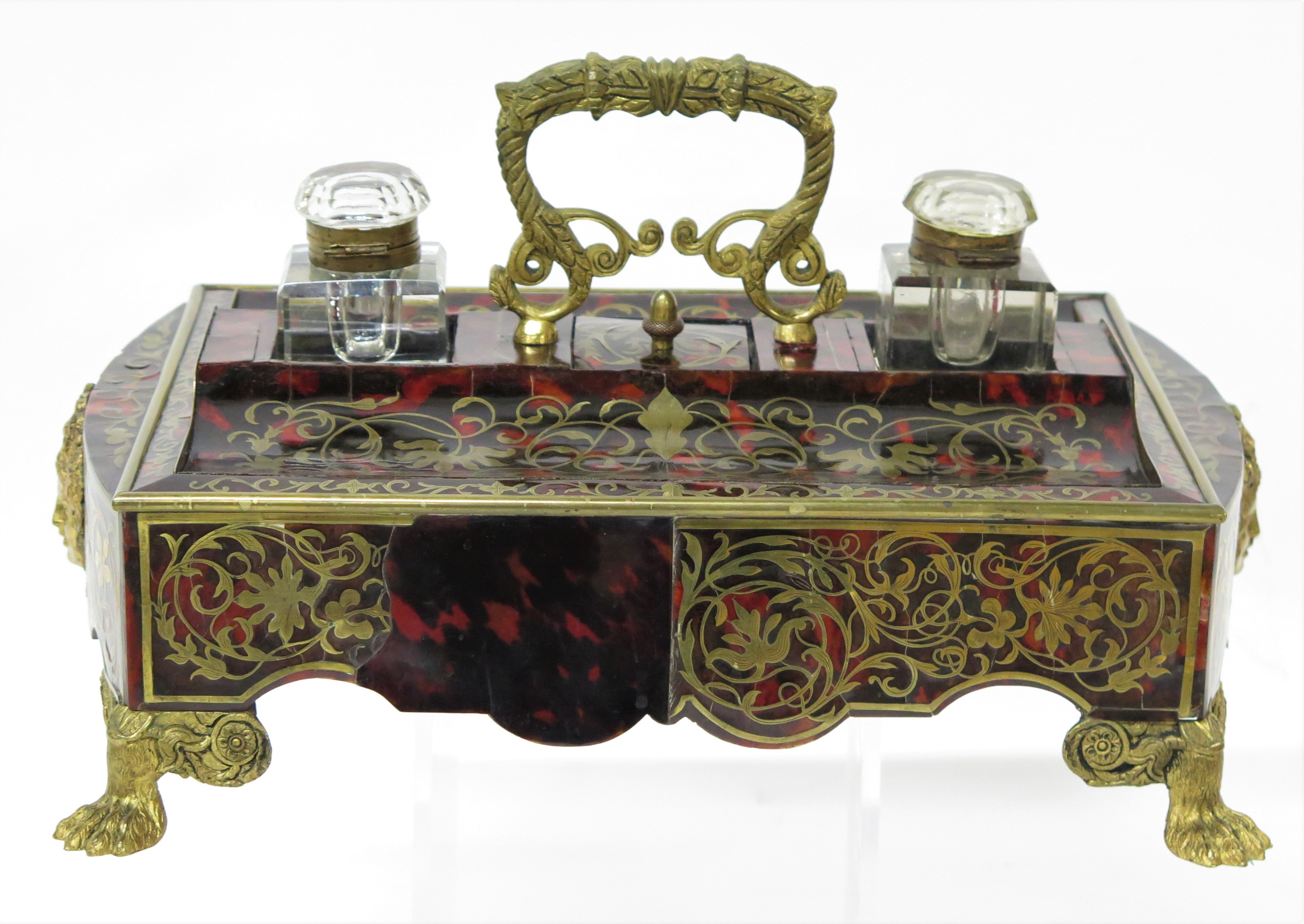French Red Tortoise and Boulle Double Inkwell / Desk Set