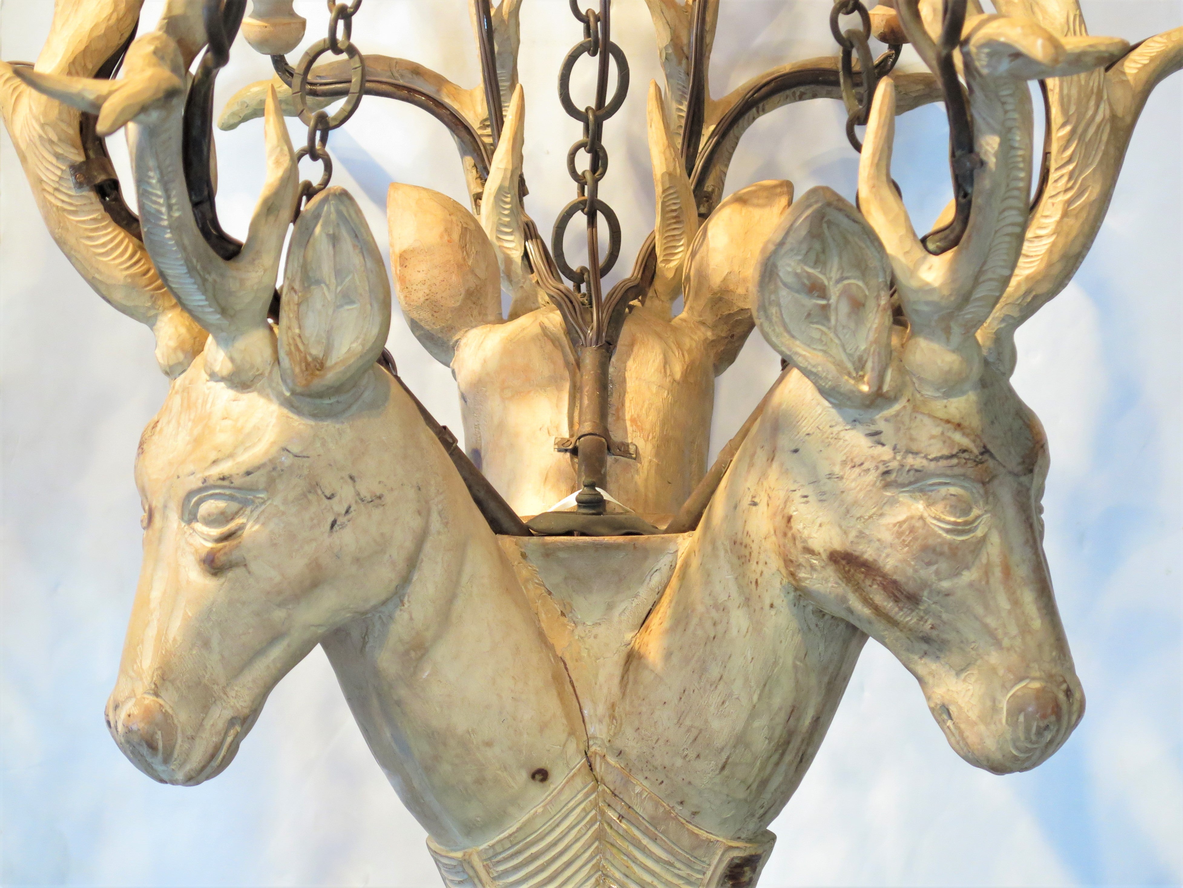 Carved Wooden Stag's Head Chandelier