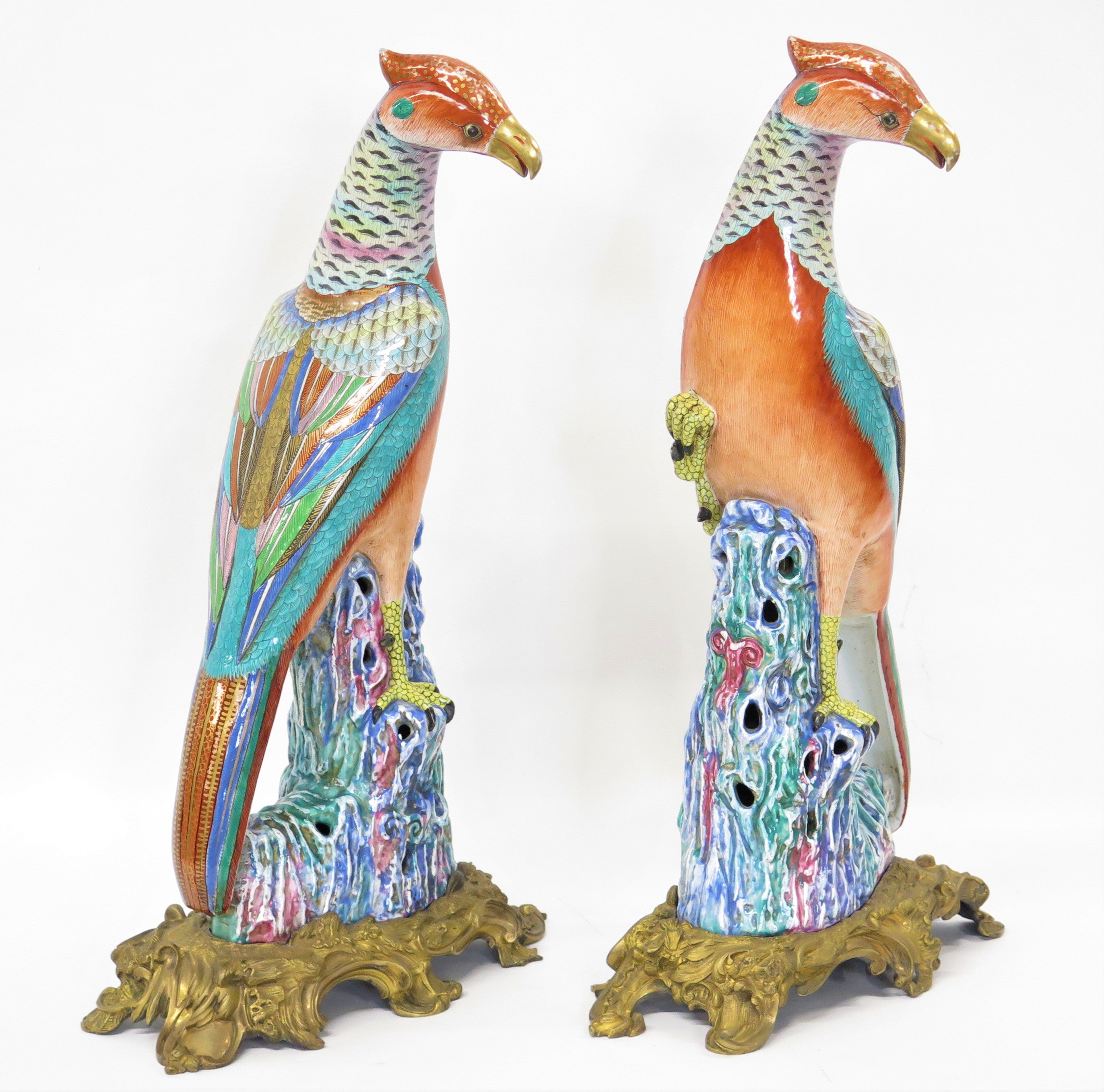 Pair of Chinese Export Style Porcelain Phoenixes on French Mounts of Gilt Bronze