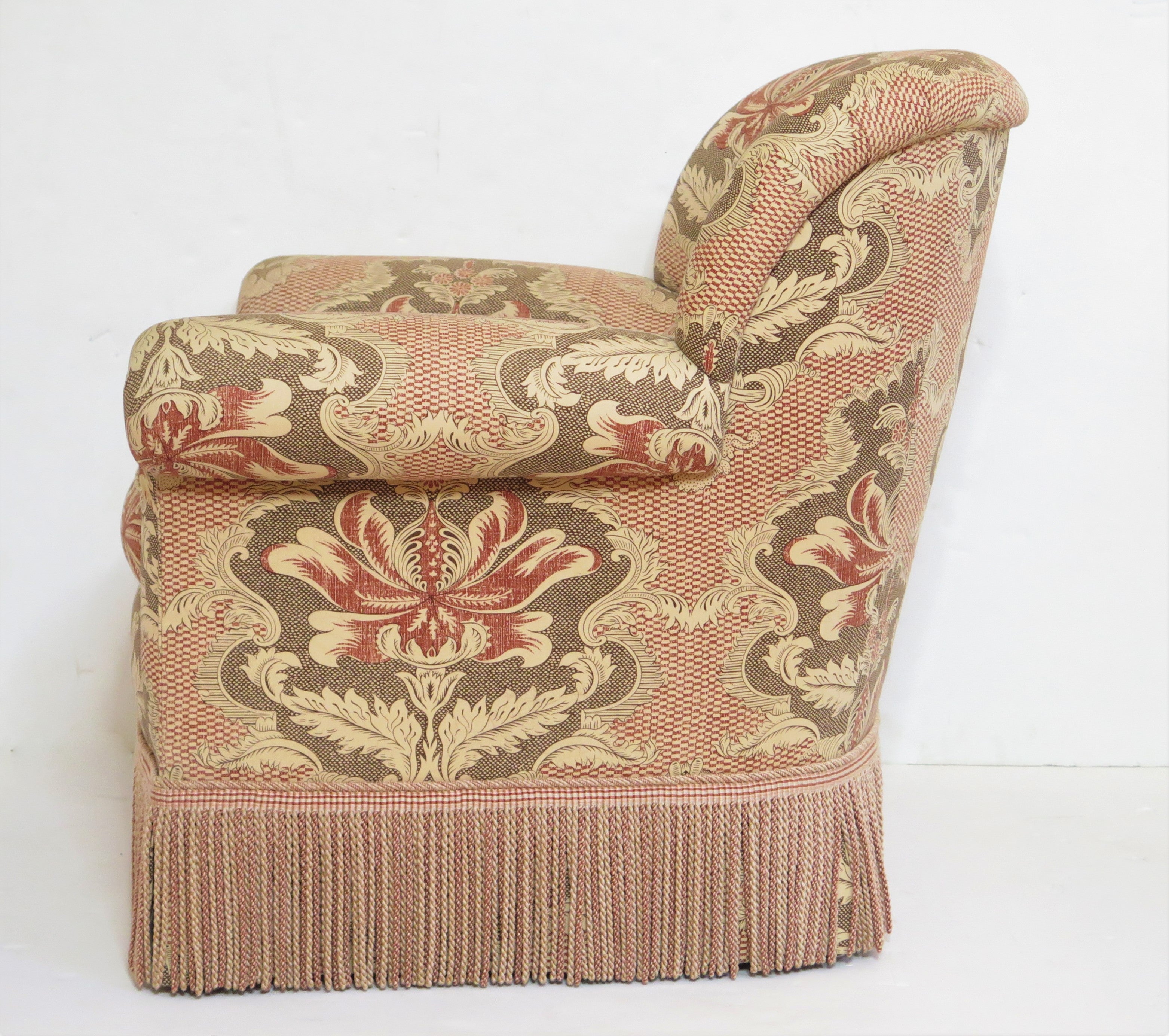 English Lounge Chair with Rolled Arms and Bullion Fringe