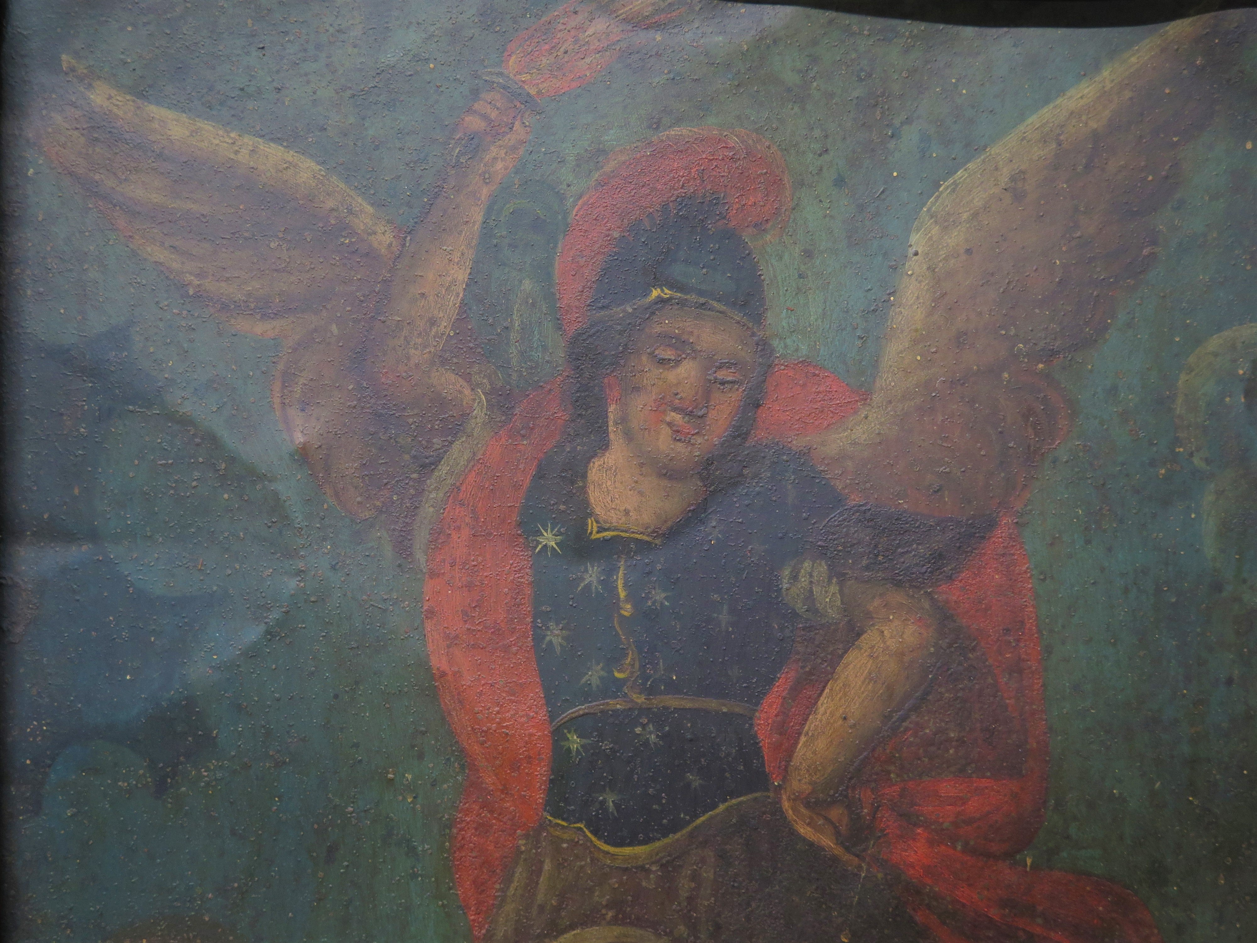 San Miguel (St. Michael) Mexican Retablo Oil on Tin 19th Century.