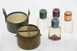 Scent Bottles with Guilloche Enamel Lids in Shagreen Travel Case