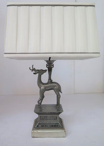 Pair of Pewter Chinese Deer Lamps with Custom Shades Circa 1920s