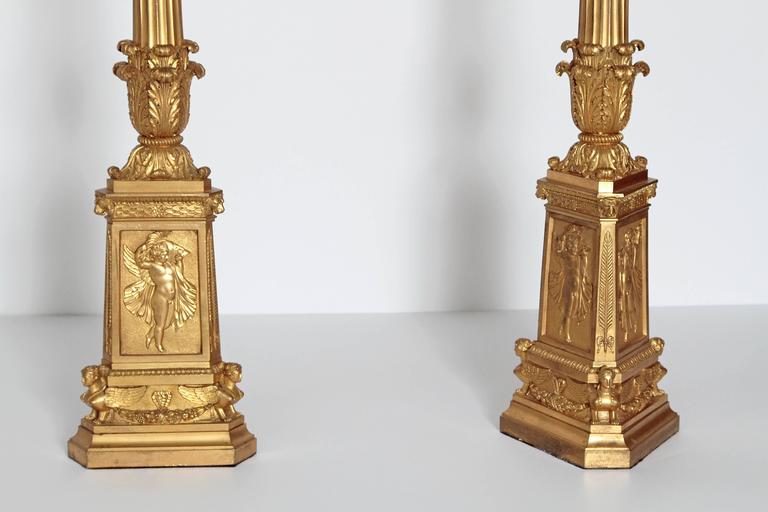 Pair of Tall French Empire Bronze Doré Six-Arm Candelabra as Lamps