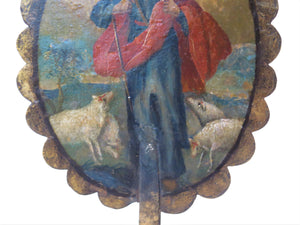 Pair of Religious Plaques of Painted Metal on Wooden Stands Jesus the Good Shepherd and St. Peter and St. Pual