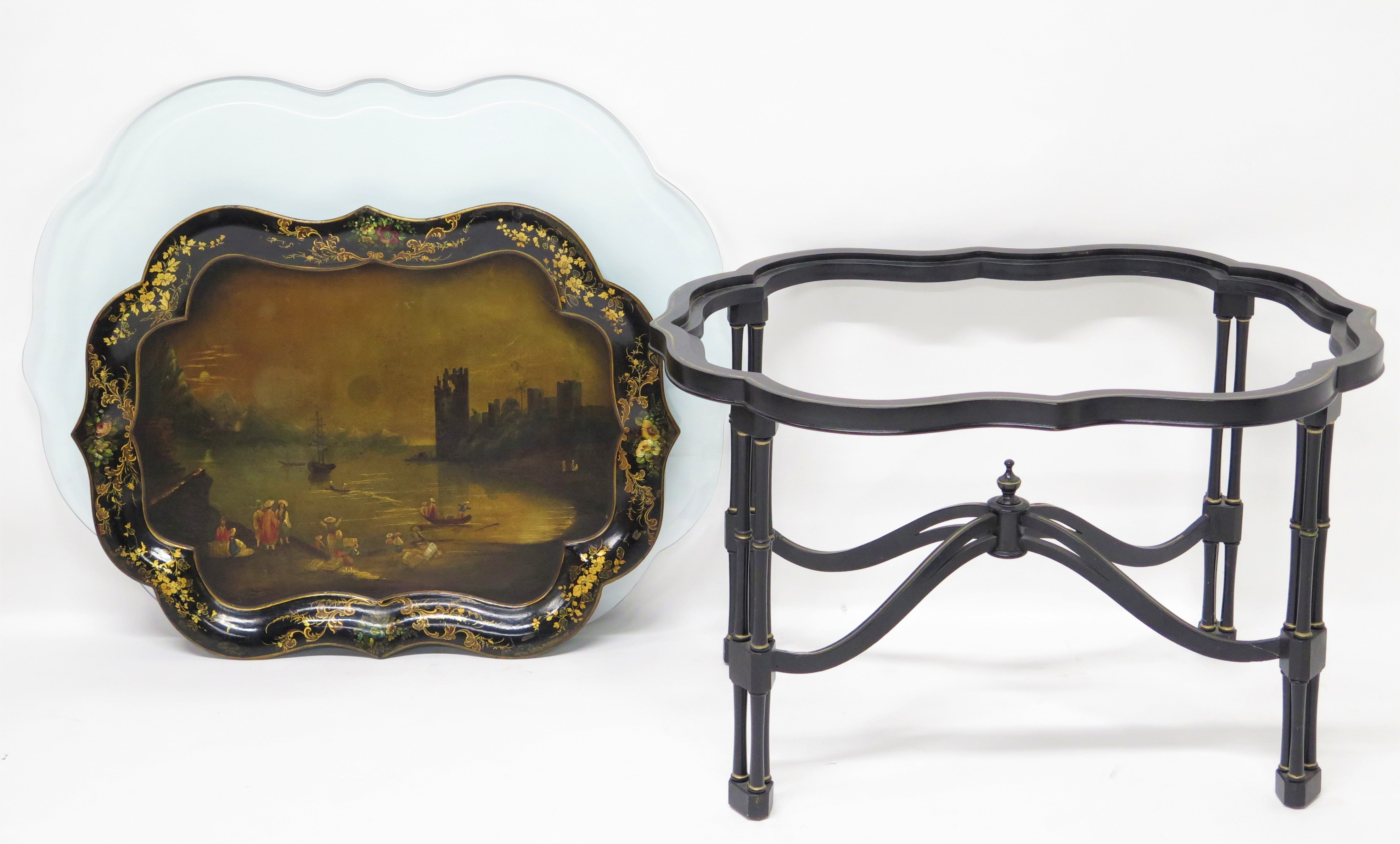 English Hand-Painted and Gilded Papier-mâché Tray on Custom Stand