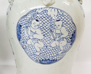 Pair of Large Chinese Blue and White Covered Jars