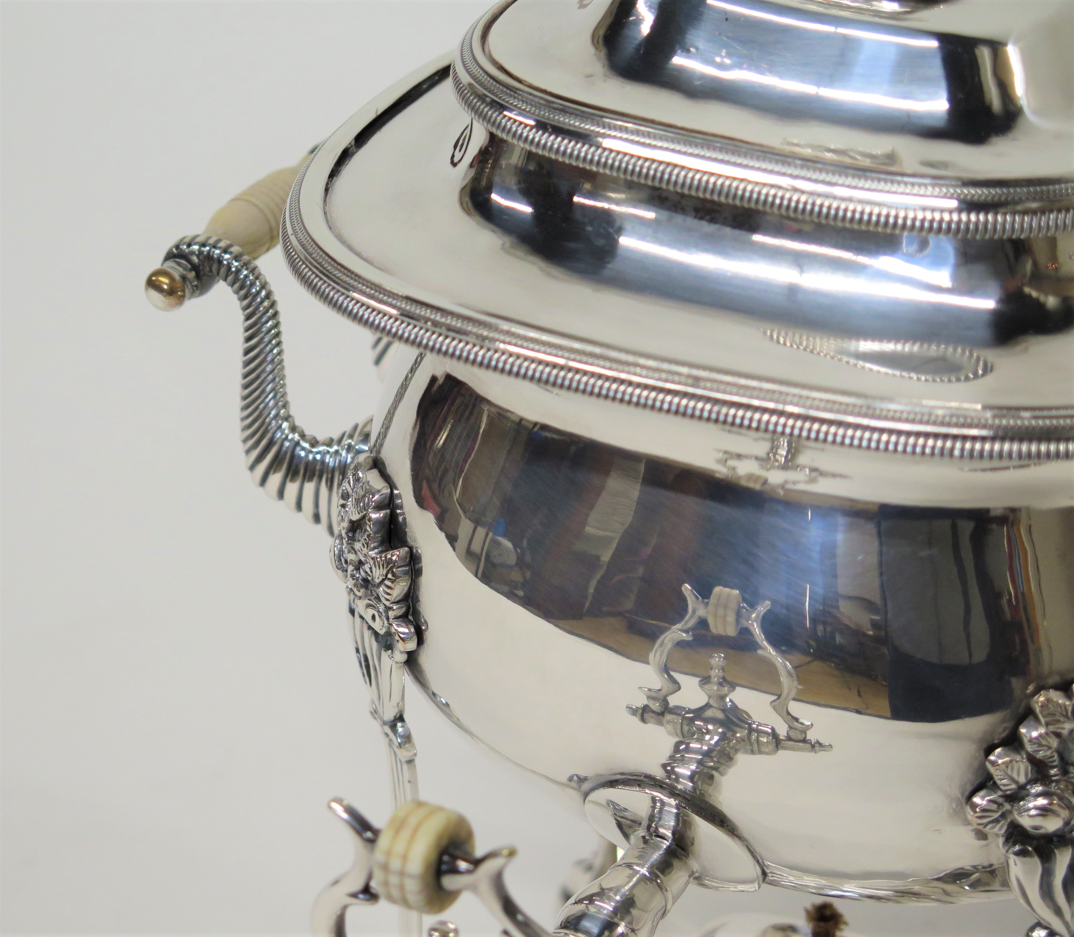 English Early 19th Century Silver Plated Square Body Coffee Urn on Raised Base Over Warmer