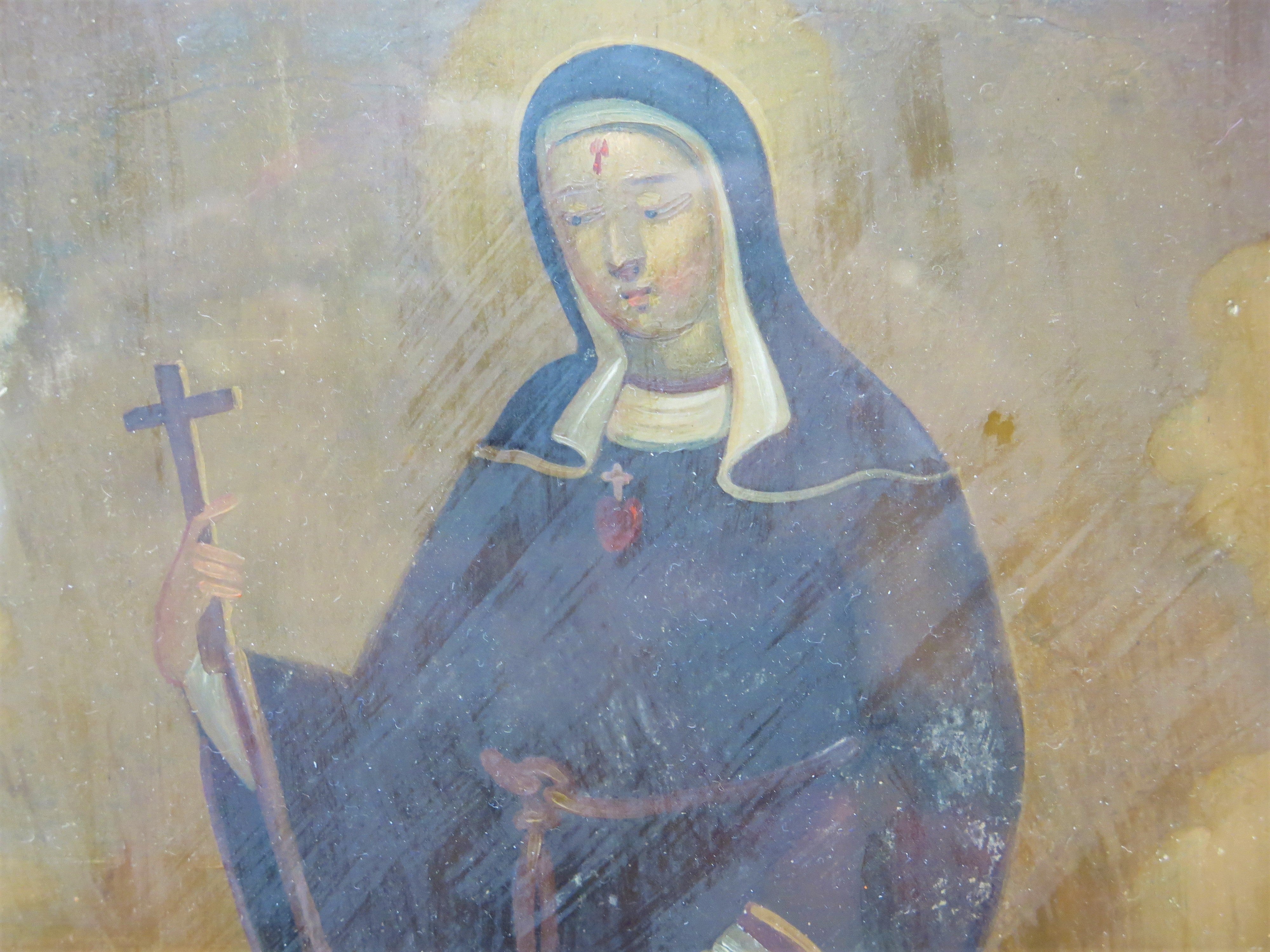 19th Century Mexican Antique Oil on Tin Retablo depicting Santa Rita d ...