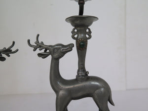 A Pair Of Pewter Chinese Deer Lamps With Custom Shades Circa 1920's