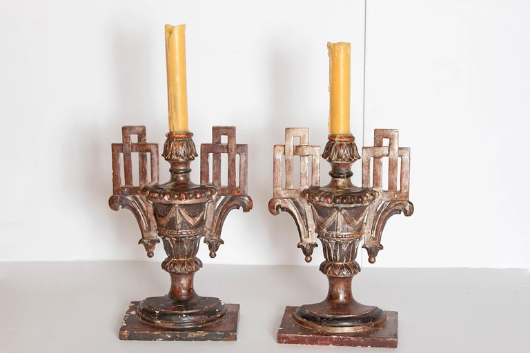 Pair of Italian Neoclassical Giltwood Carved Candleholders