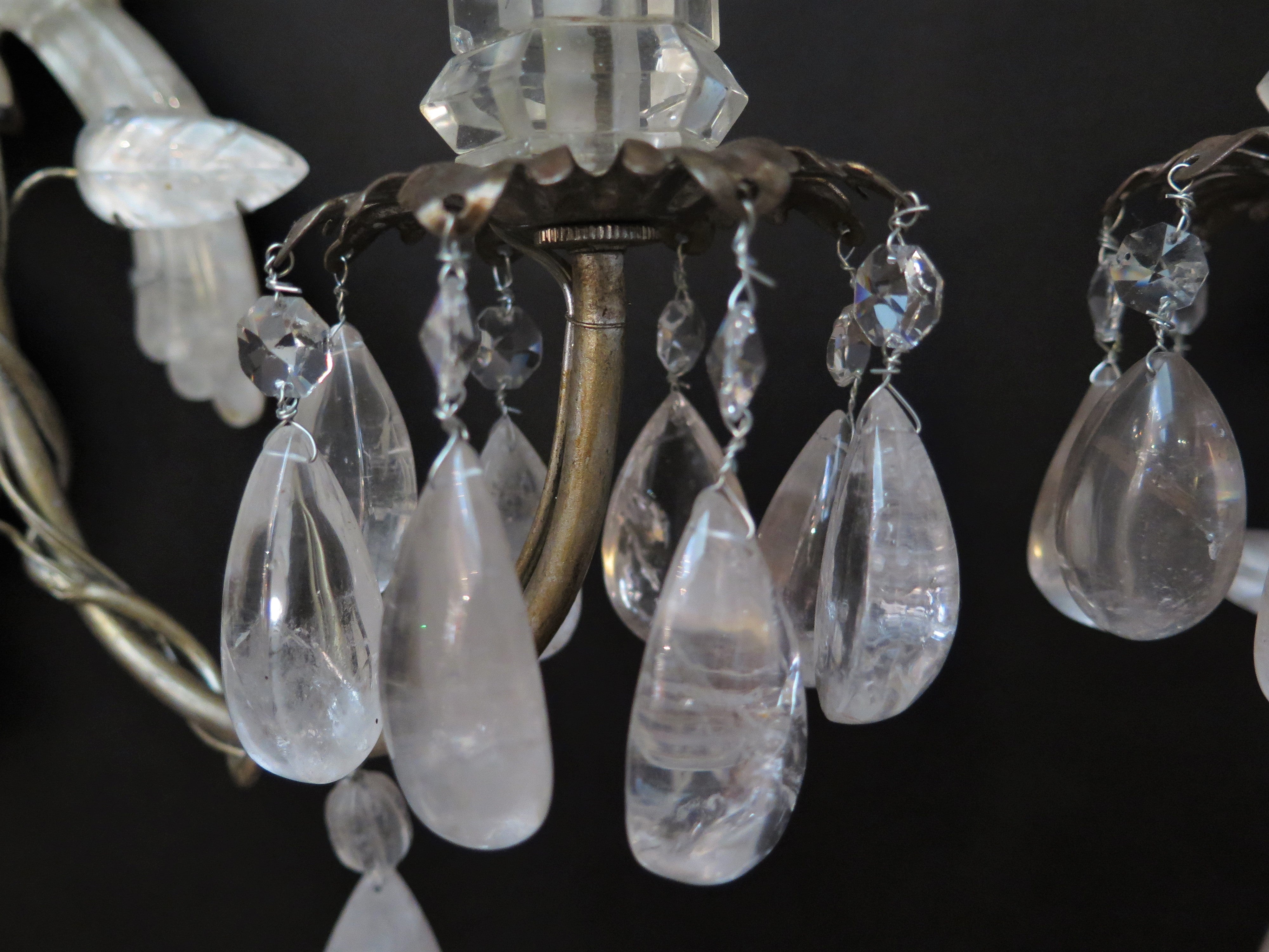A Pair of 20th Century French Rock Crystal and Glass Three-Light Sconces