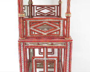 Art Deco Pagoda Form Beaded Etagere with Mirrored Back and Shelves