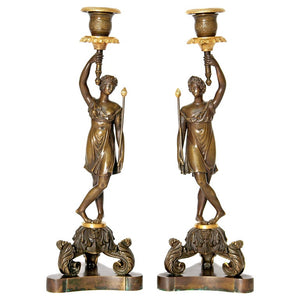 A Pair of 19th Century French Bronze and Gilt Bronze Candlesticks