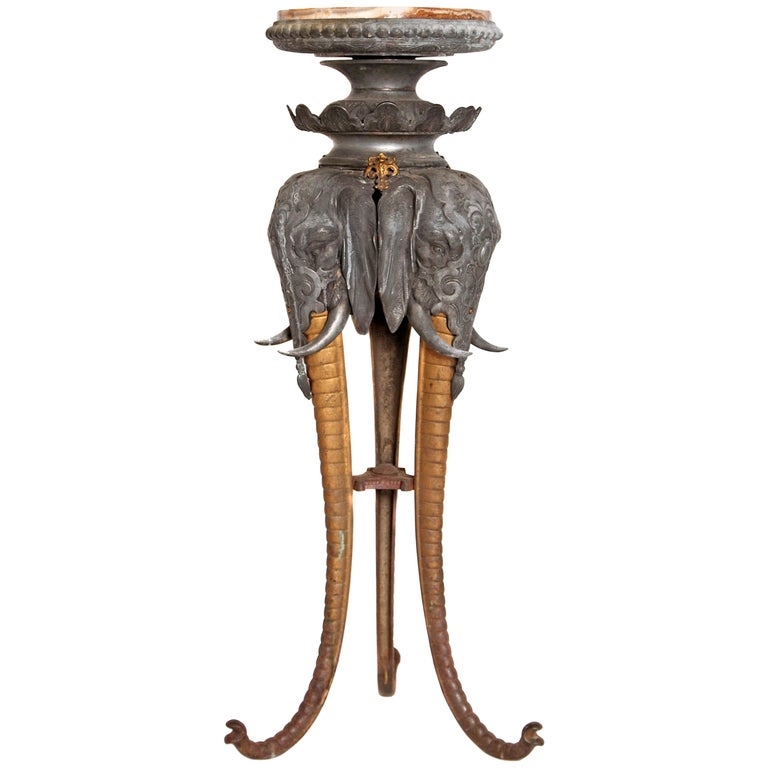 Painted Bronze and Cast Iron Pedestal with Sienna Marble Top / Elephant Heads