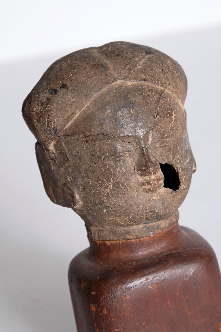 Asian Antiquity Clay Head on Wooden Base