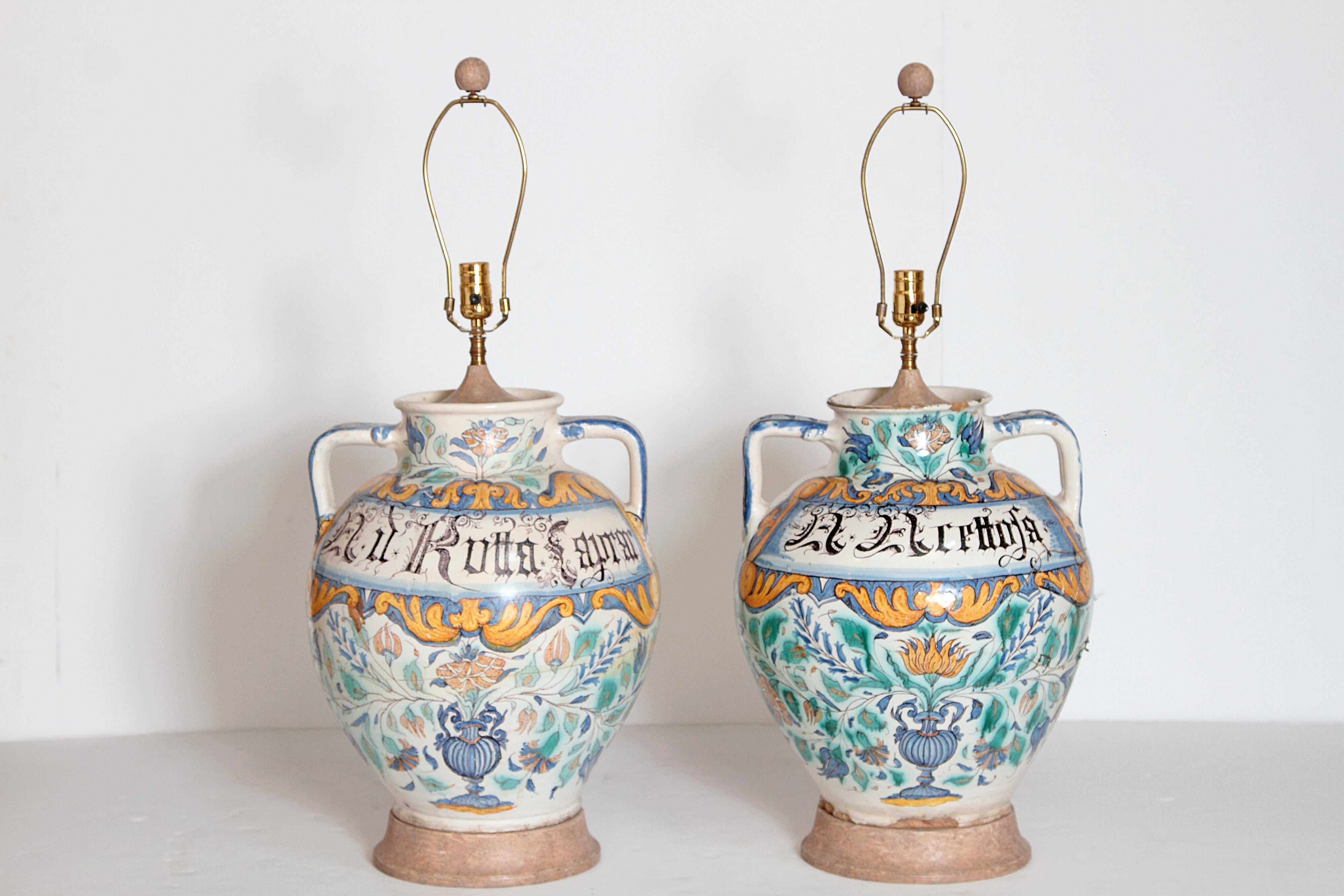 A Pair of Large 17th Century Italian Majolica Vases as Lamps