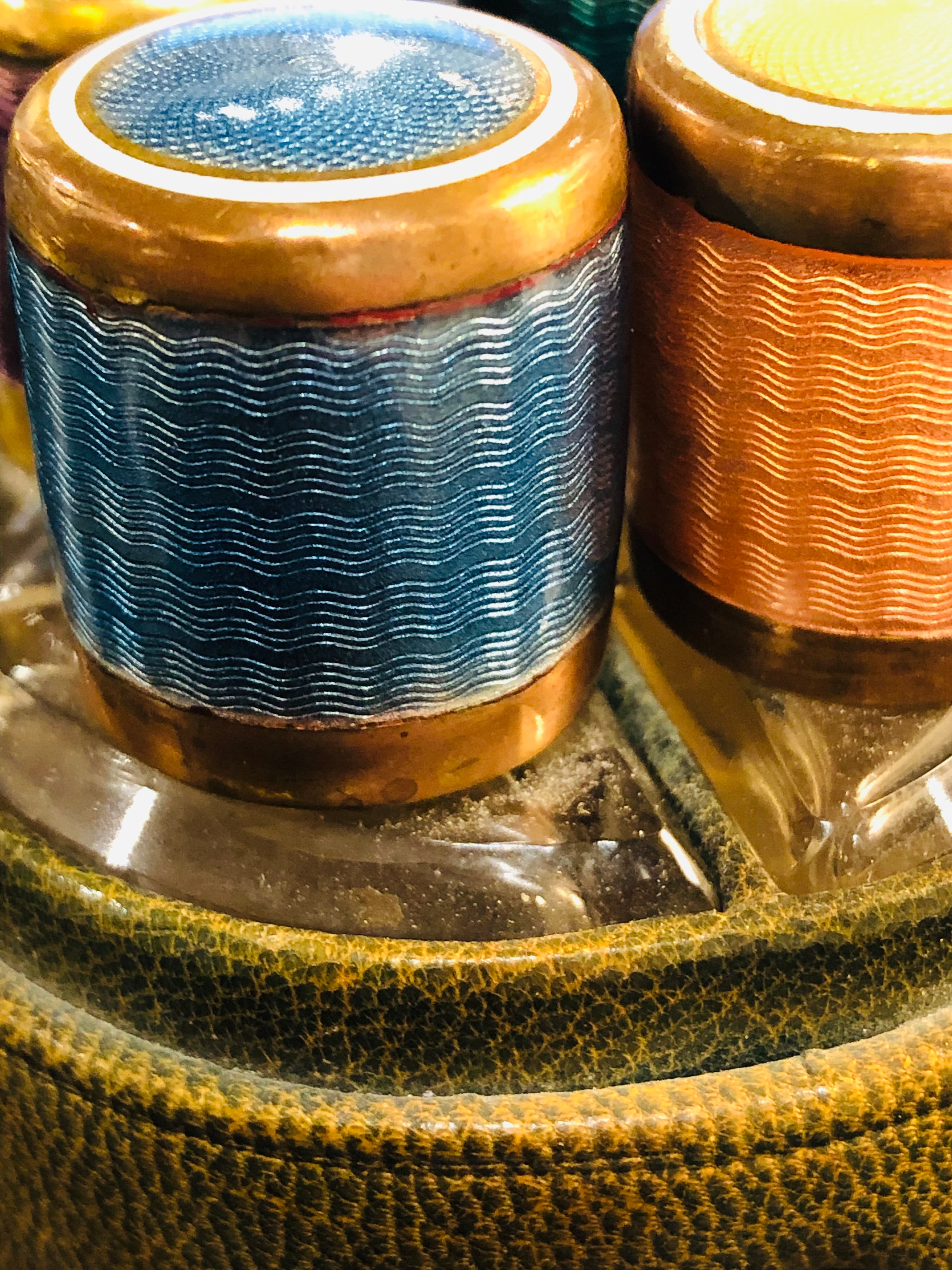 Scent Bottles with Guilloche Enamel Lids in Shagreen Travel Case