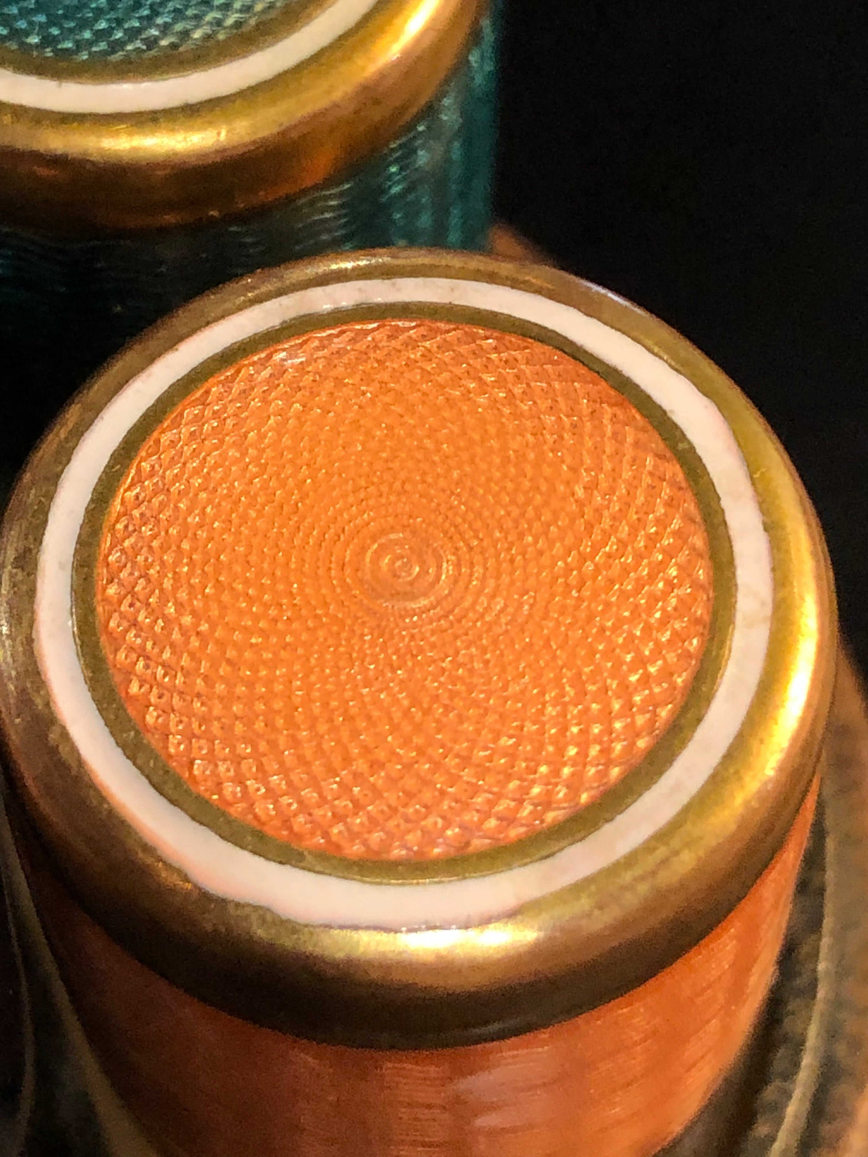 Scent Bottles with Guilloche Enamel Lids in Shagreen Travel Case